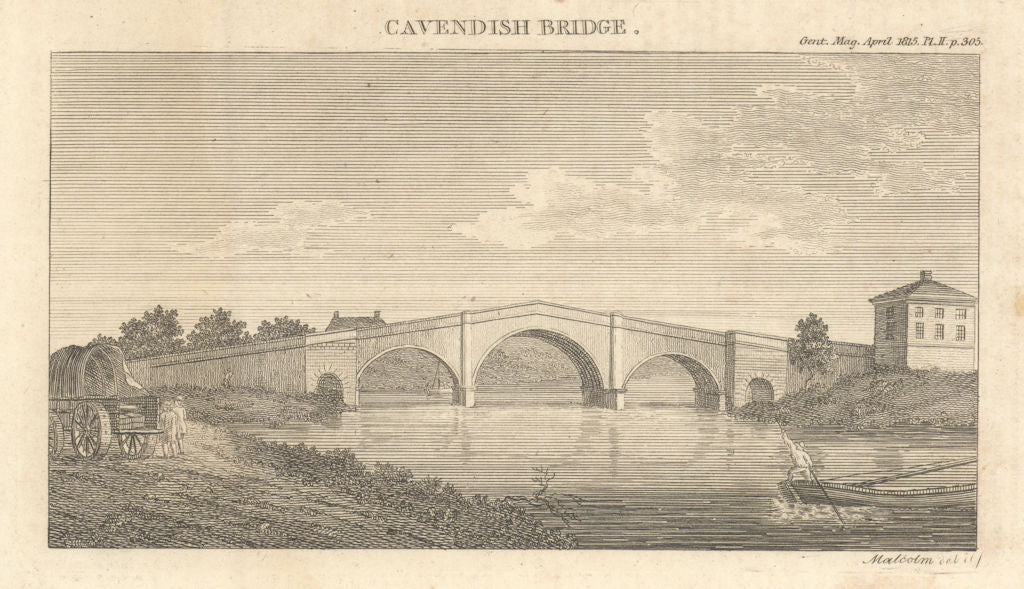 Cavendish Bridge, River Trent, Leicestershire 1815 old antique print picture